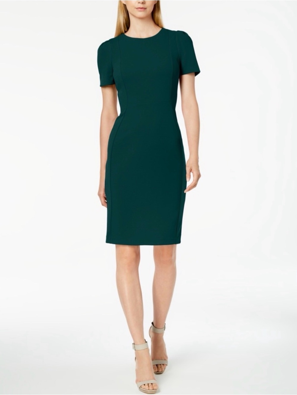 Calvin Klein Forrest Green Work Dress Back Zipper Size 4 Cap Sleeve
